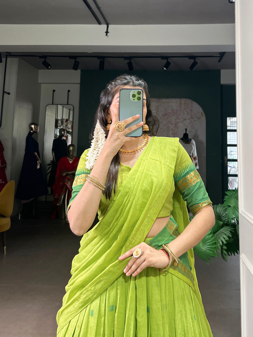 Green traditional Chanderi half-saree lehenga with zari work