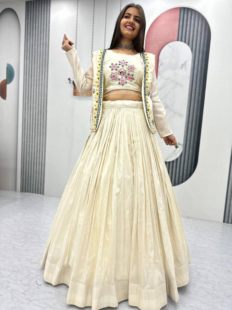Off white tissue shimmer lehenga choli with handwork real diamond work and jacket