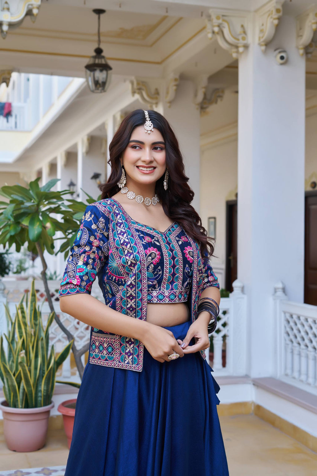 Devisha blue Vichitra silk lehenga choli with embroidered koti