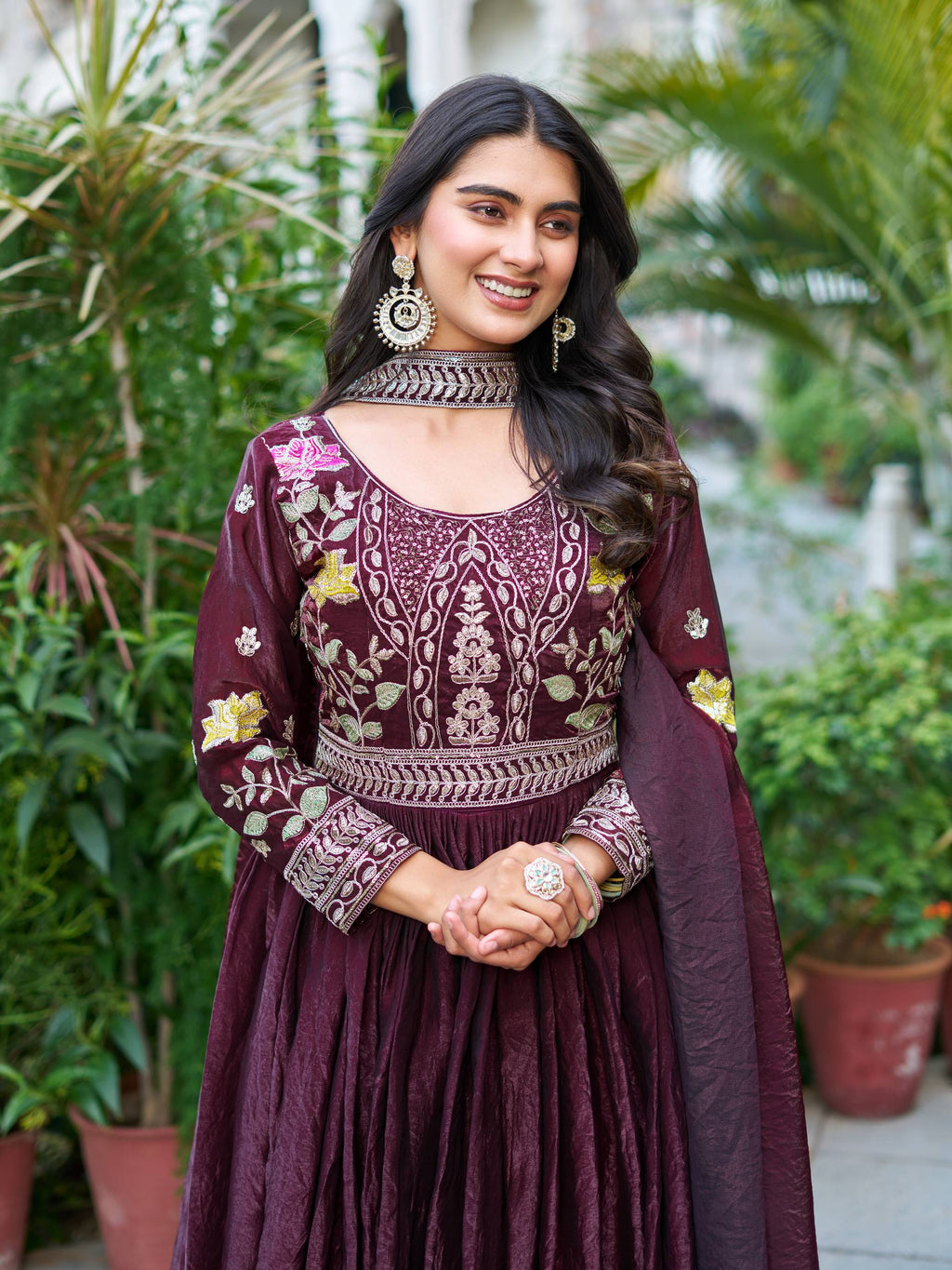 Dipa wine Fendy silk gown with embroidery sequins thread work and dupatta