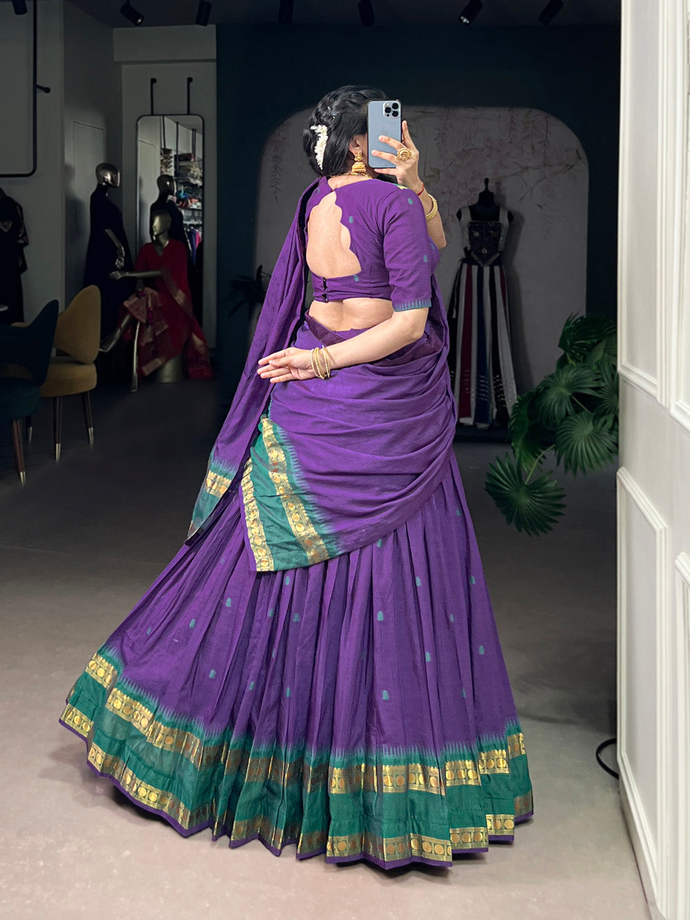 Purple Chanderi zari weaving work half-saree lehenga