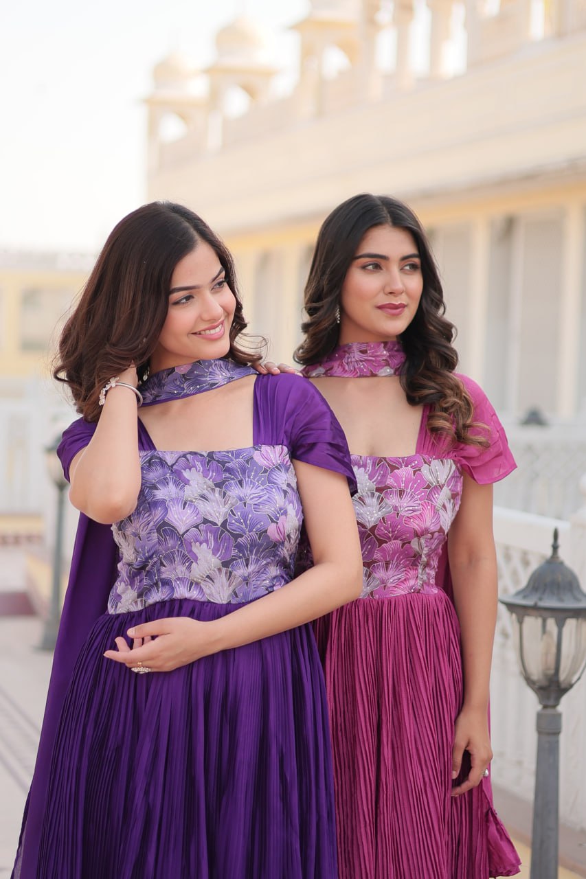 Shanta chinon pink printed anarkali gown set