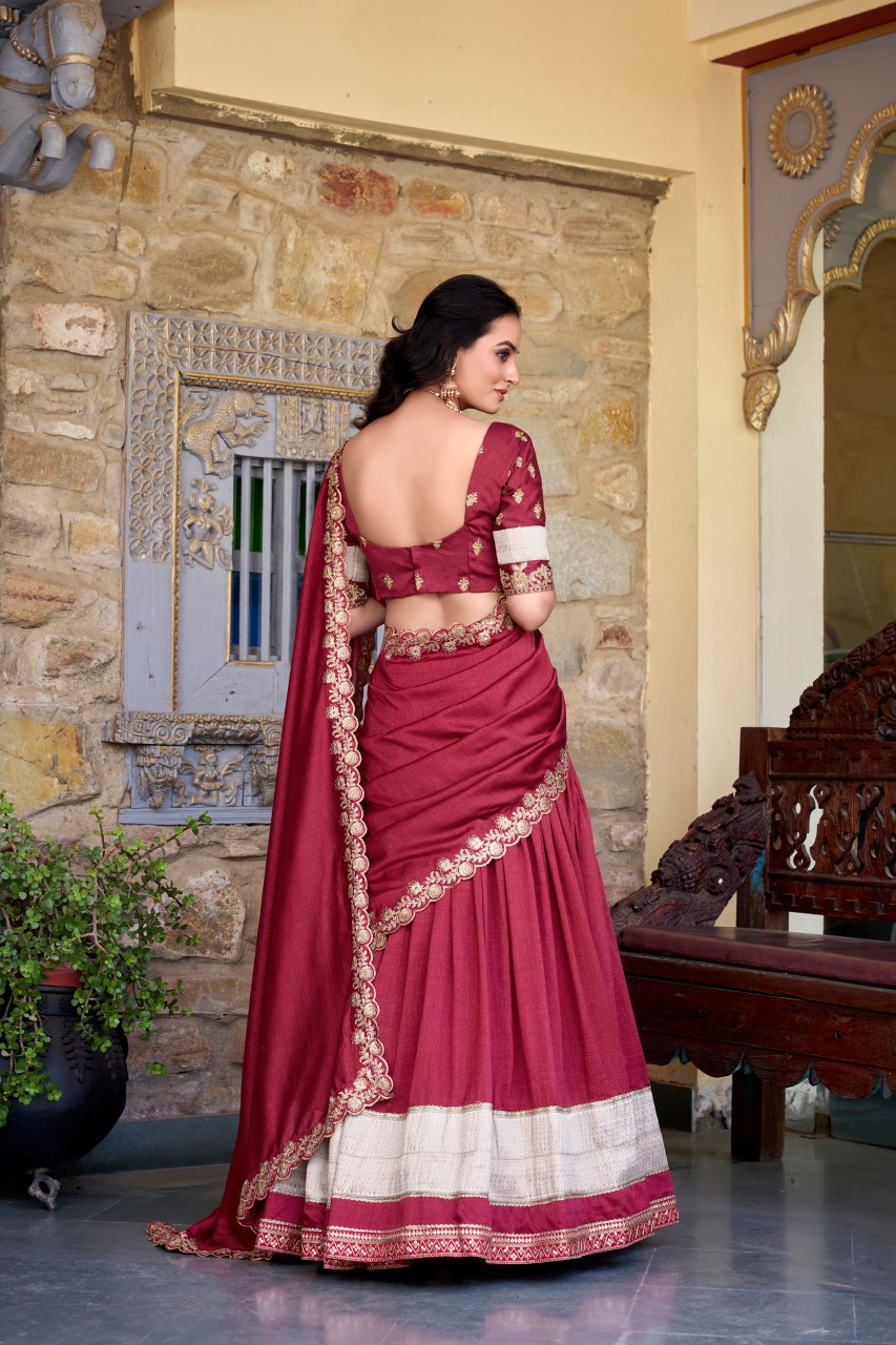 Maroon Vichitra silk zari weaving work lehenga choli with dupatta