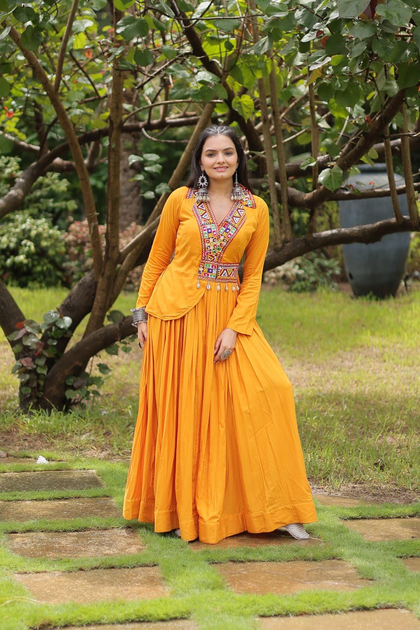 Yellow rayon Kutchi Gamthi embroidered Misty Navratri gown