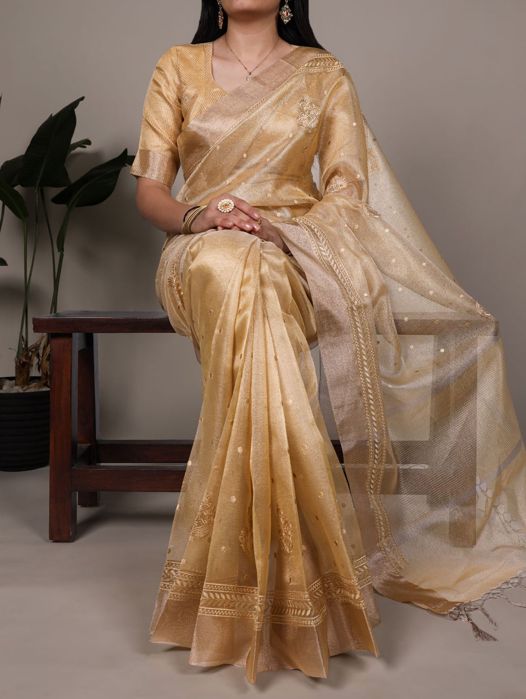 Yellow poly shimmer thread embroidered saree with unstitched blouse