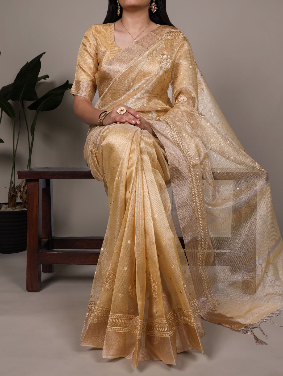 Yellow poly shimmer thread embroidered saree with unstitched blouse