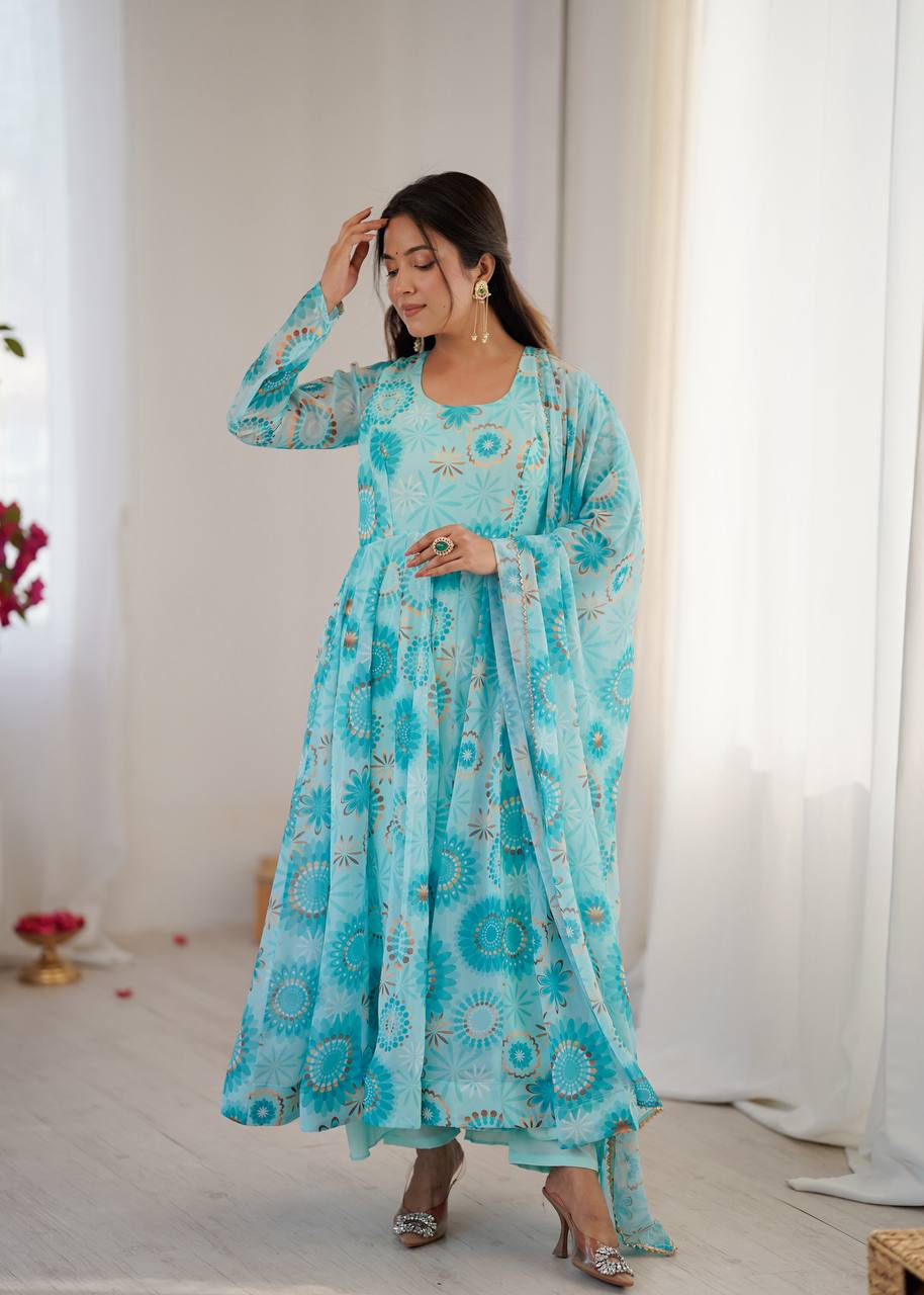 Sky blue georgette floral printed Anarkali suit for women