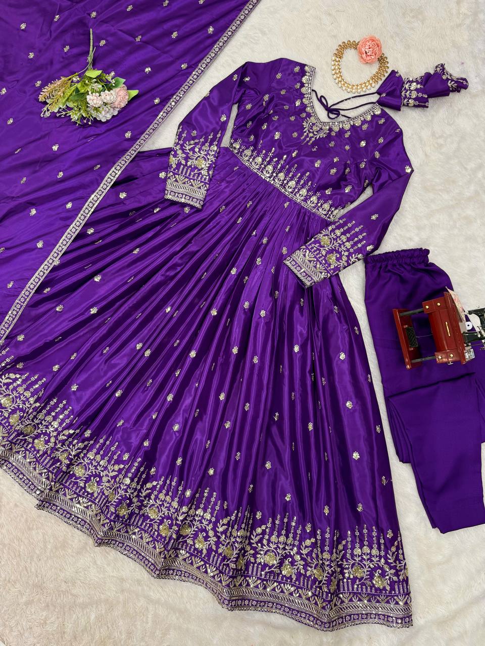 Meghnita Anarkali suit in American Silk with thread & sequin embroidery, padded gown, stitched pant & dupatta—perfect for weddings & festive wear.