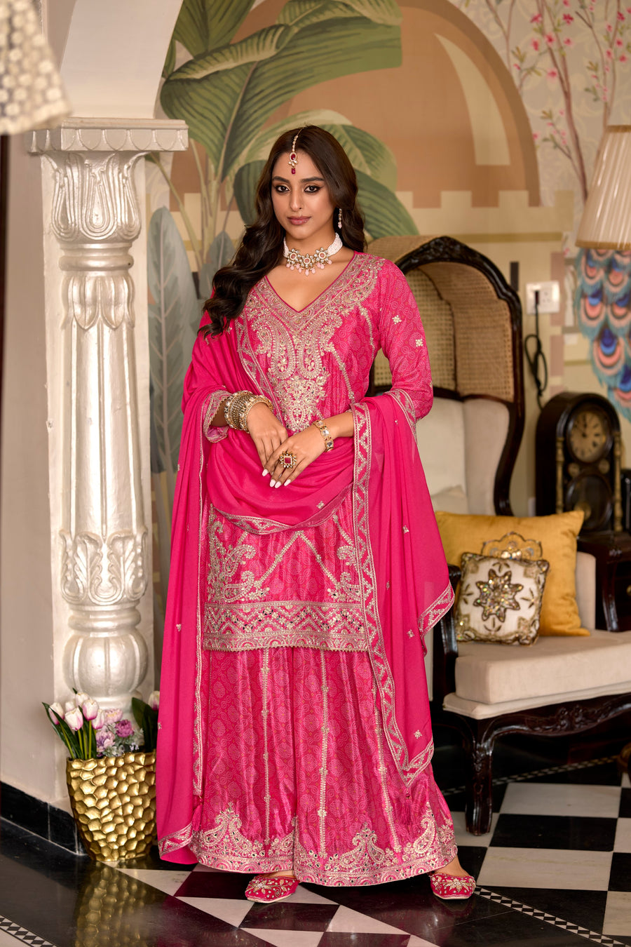 Meera chinon silk embroidered designer kurti sharara set