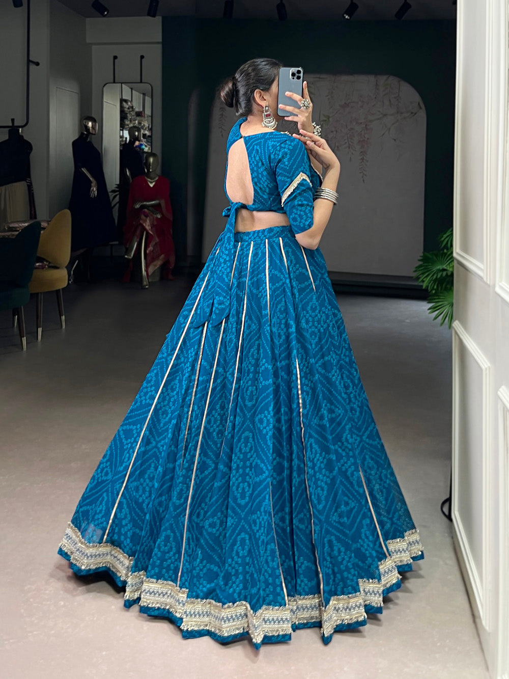 Blue chiffon lehenga choli with Bandhej print and Gota Patti lace