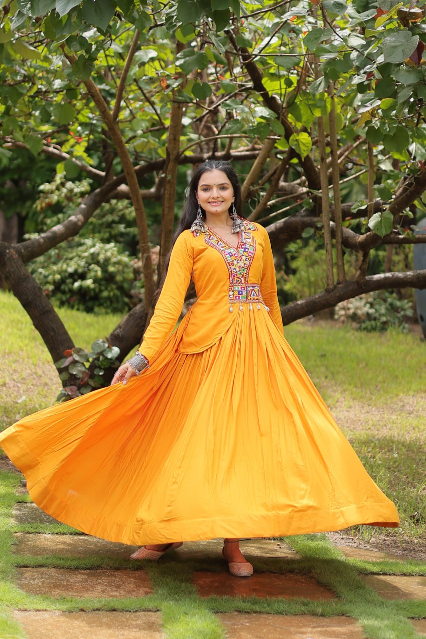 Yellow rayon Kutchi Gamthi embroidered Misty Navratri gown