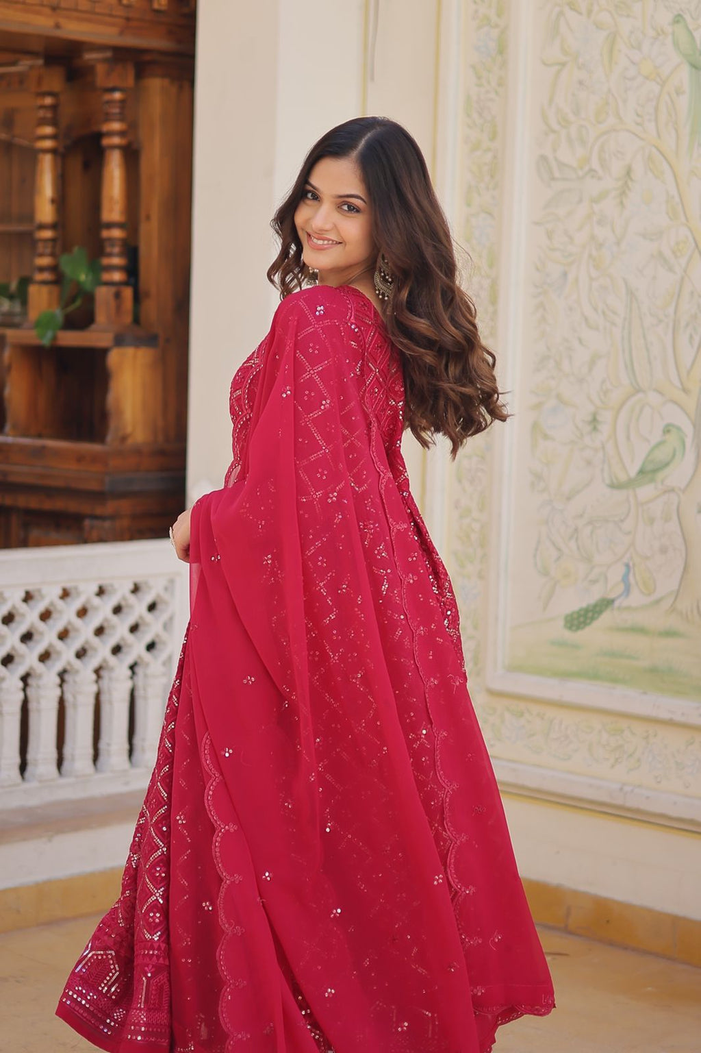 Radiant pink floral gown with dupatta set