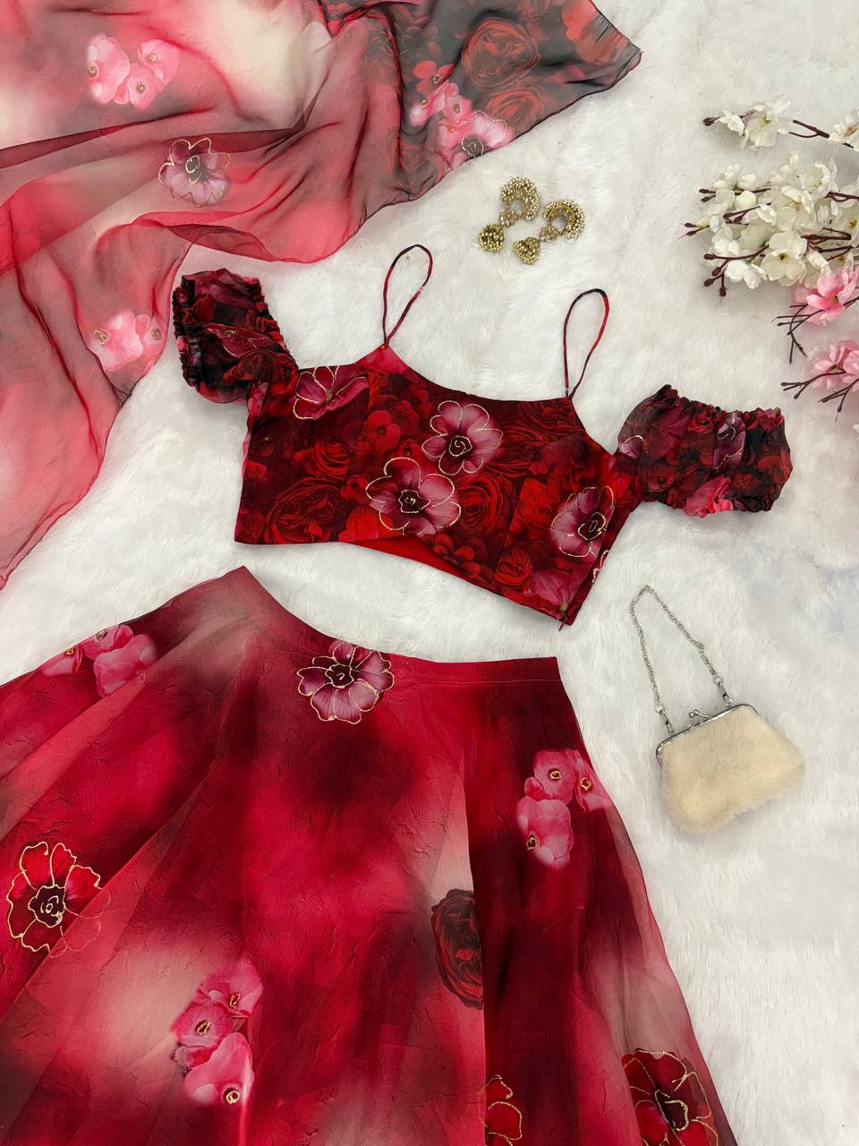 Red pure organza digital print zari work lehenga choli with batwa bag