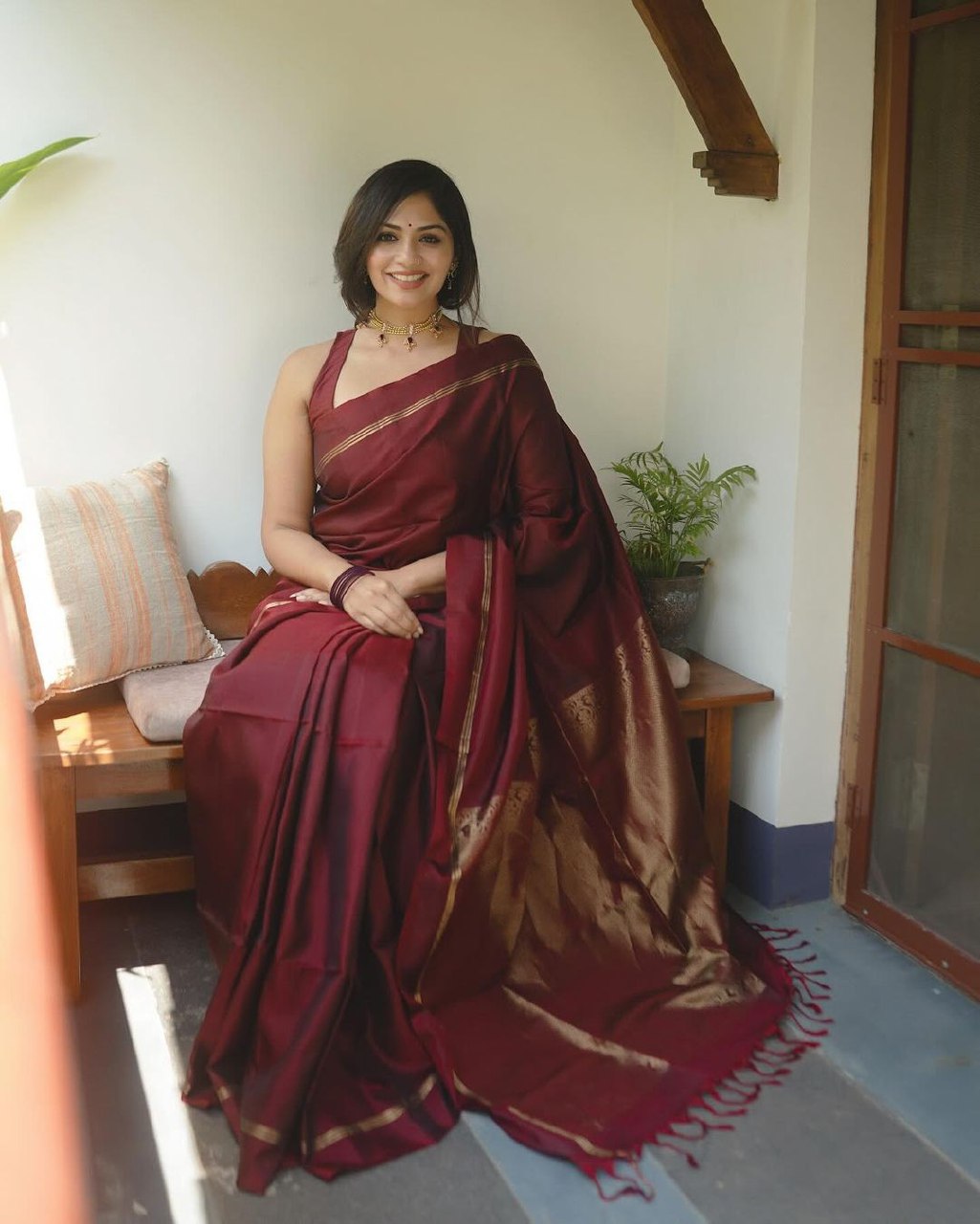 Maroon Banarasi silk Niva designer saree