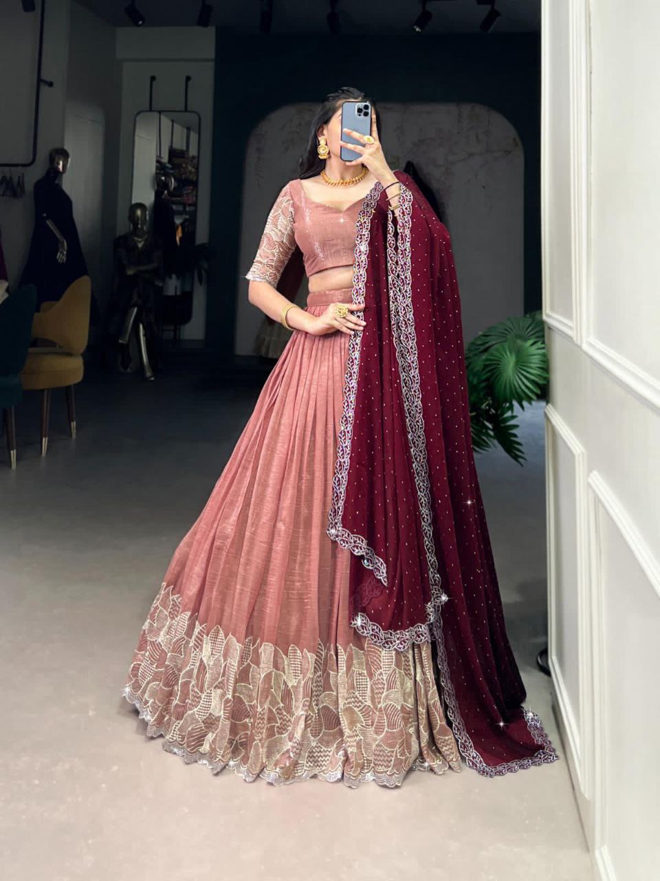 Peach silver hotfix embroidered lehenga choli for wedding functions