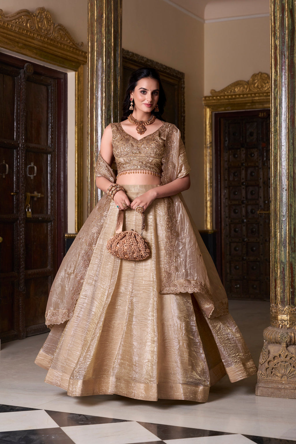 Antique golden gold crush lehenga choli with sequins embroidered dupatta