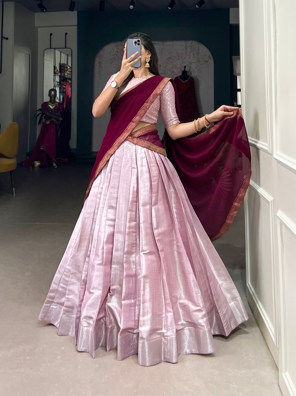 Pink jacquard silk weaving work lehenga choli with dupatta and lace border