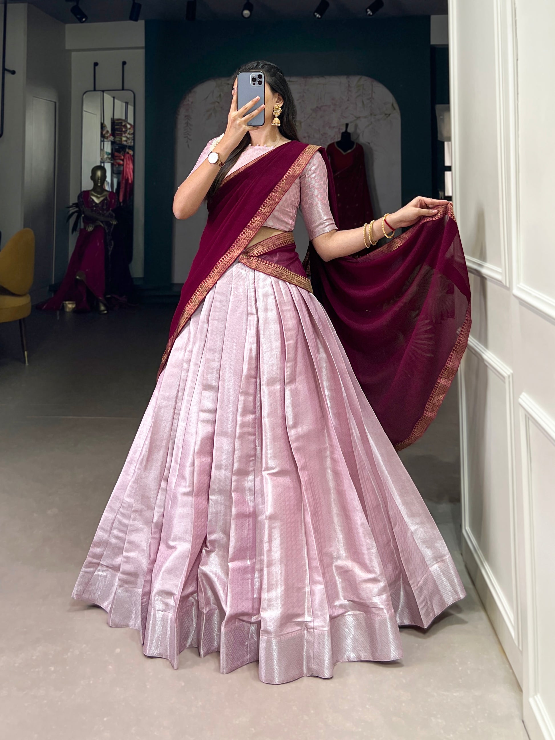 Pink jacquard silk weaving work lehenga choli with dupatta and lace border