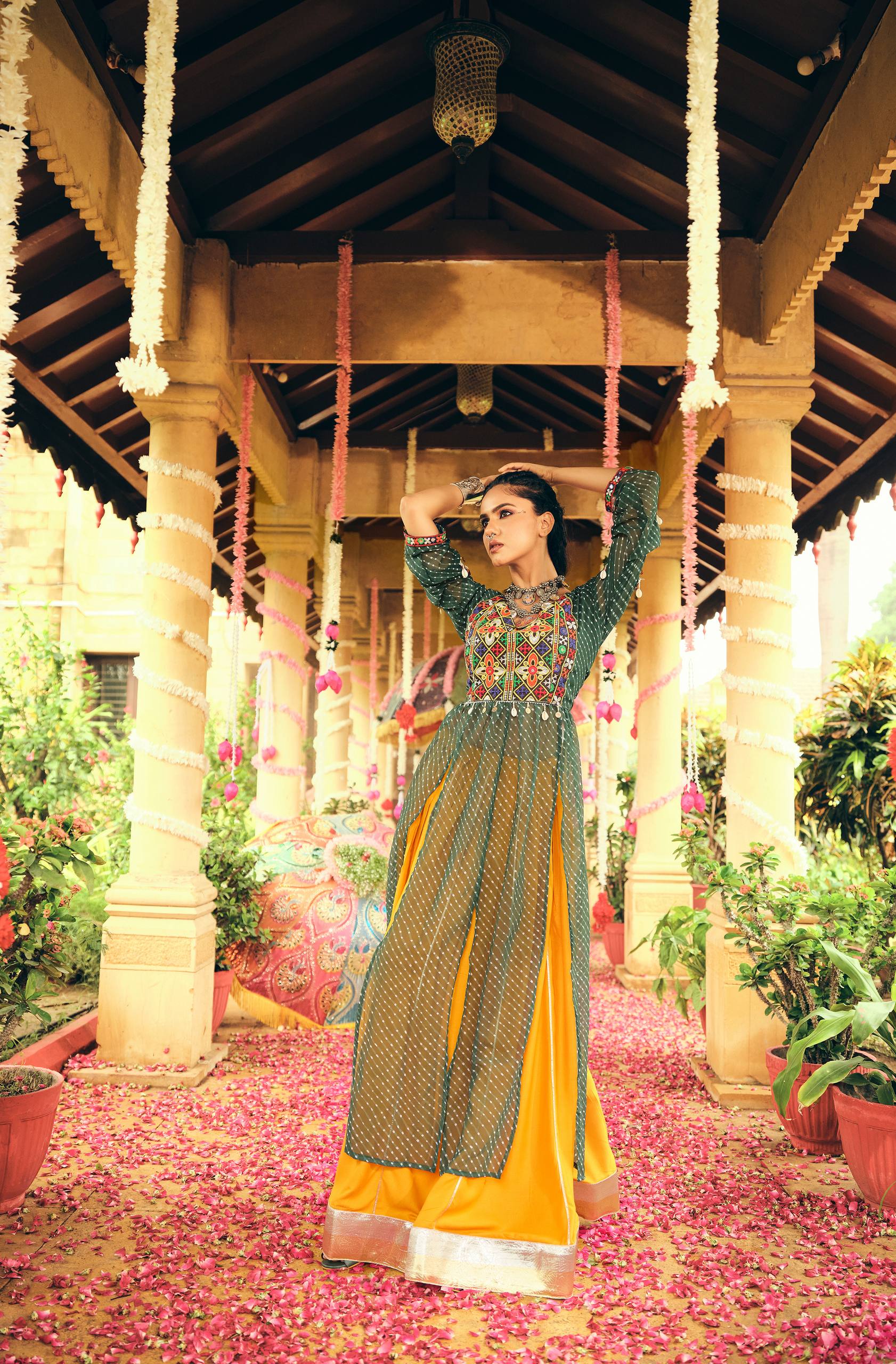 Green pure rayon canvas patta embroidered mirror work lehenga choli