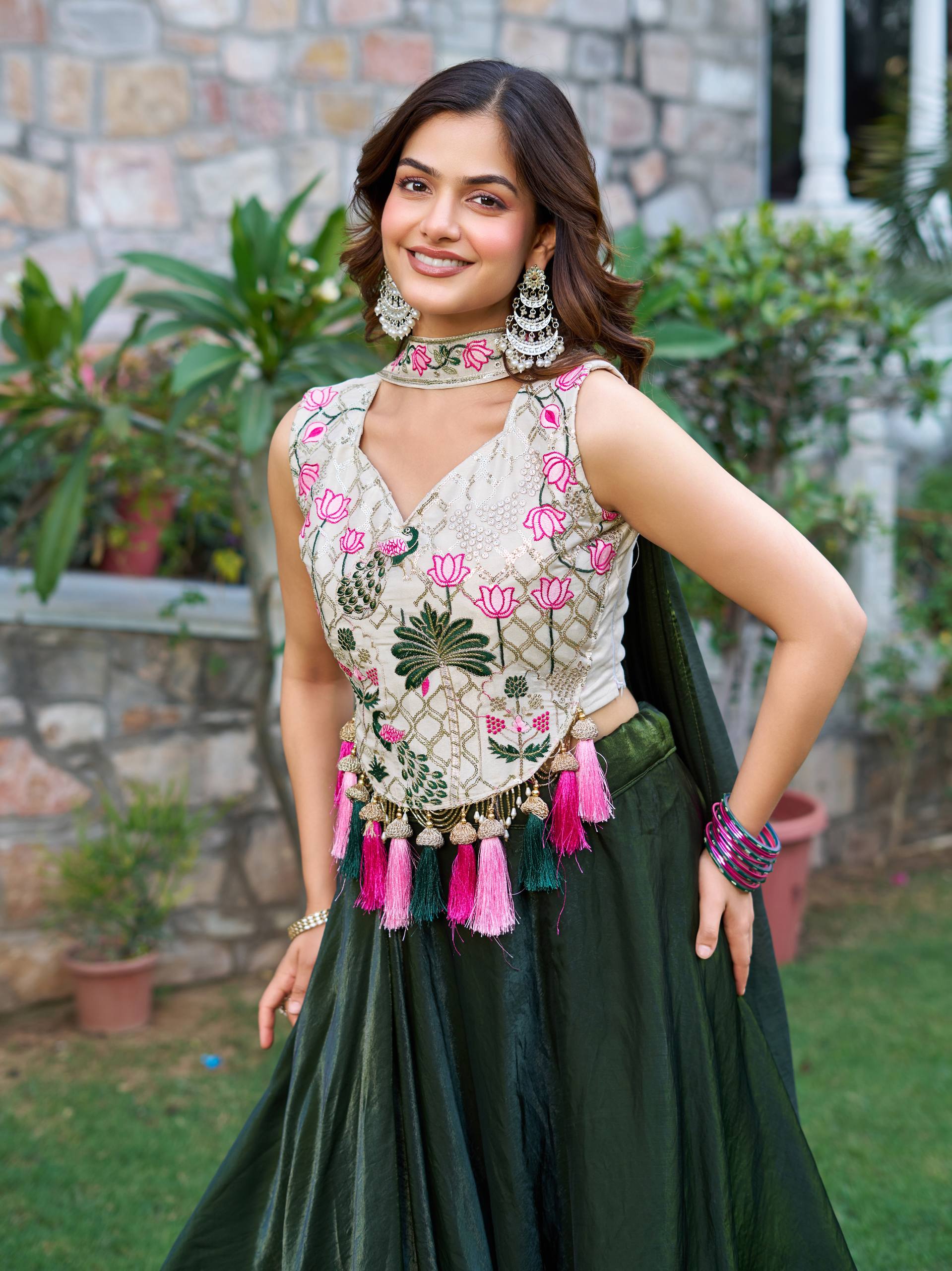 Tanu green tissue silk lehenga choli with sequins thread work and dupatta