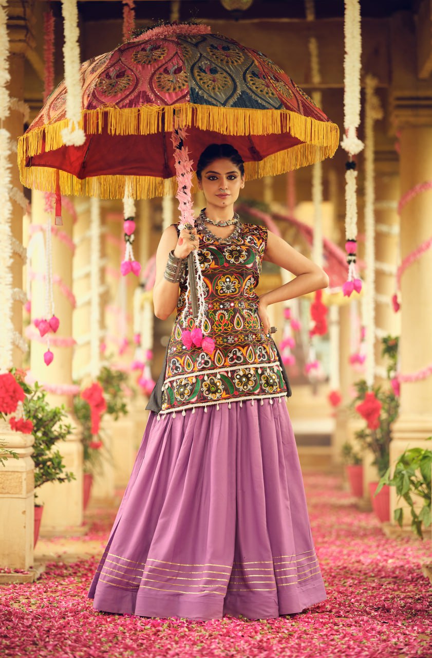 Purple pure rayon ribbon work embroidered lehenga choli