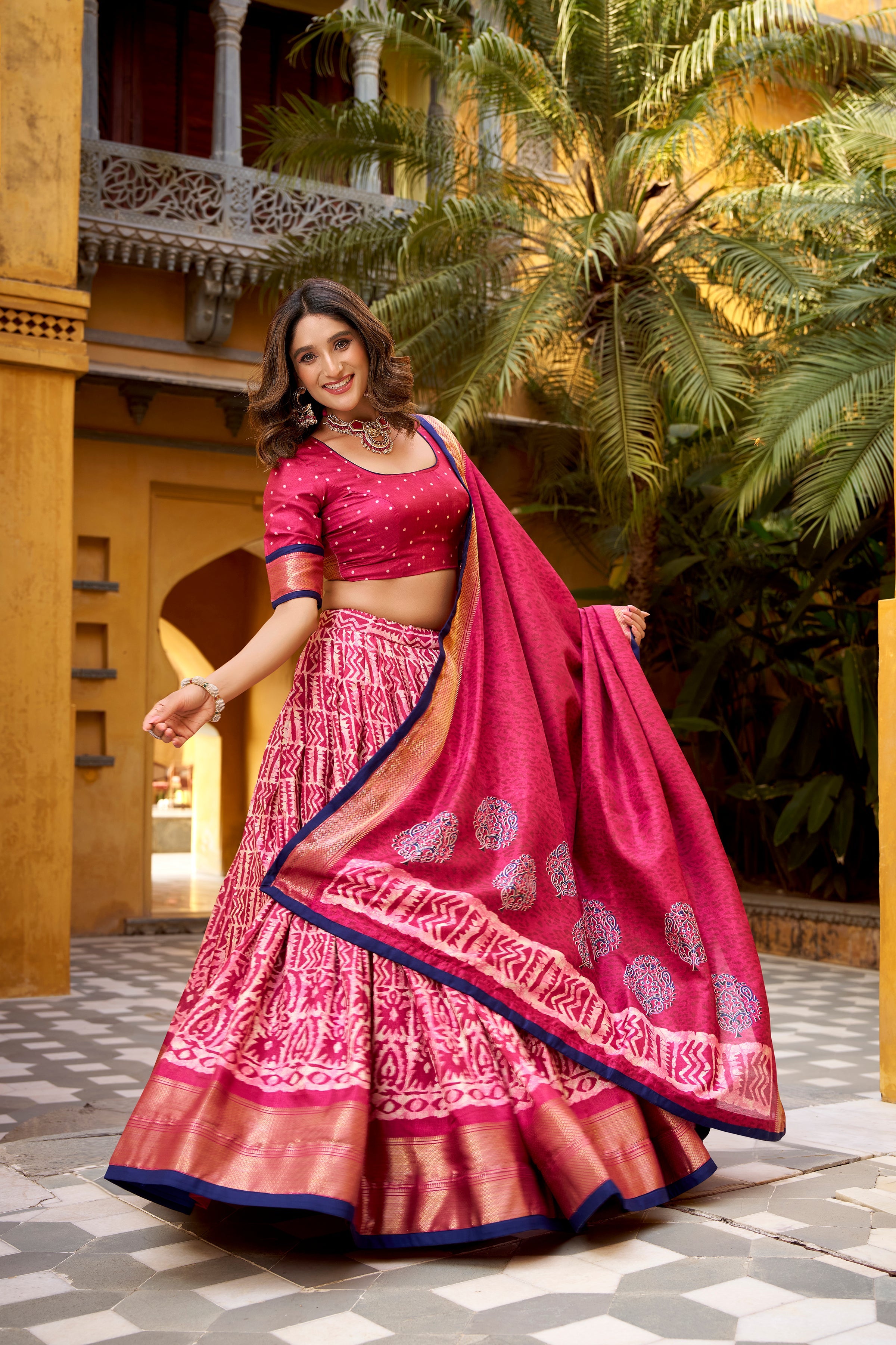 Girija pink Dola silk batik print lehenga choli with zari weaving work