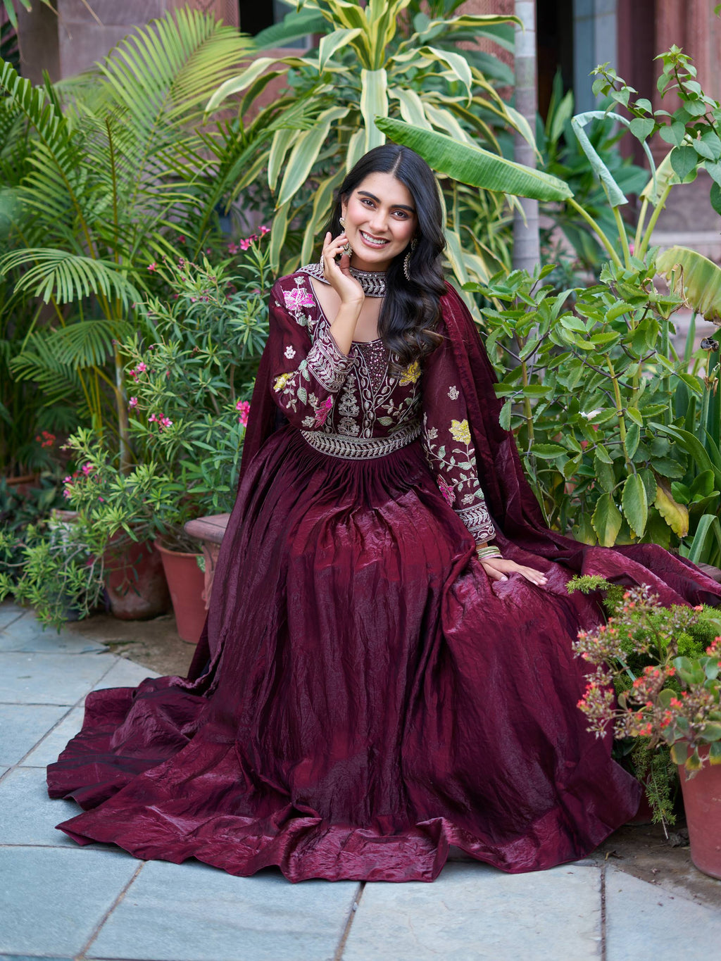 Dipa wine Fendy silk gown with embroidery sequins thread work and dupatta