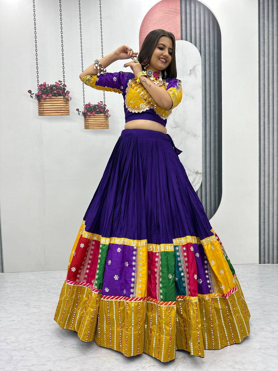Purple pure cotton lehenga choli with embroidered sequins work and dupatta