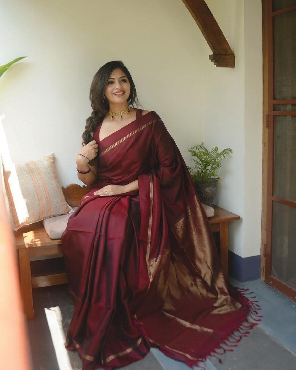 Maroon Banarasi silk Niva designer saree