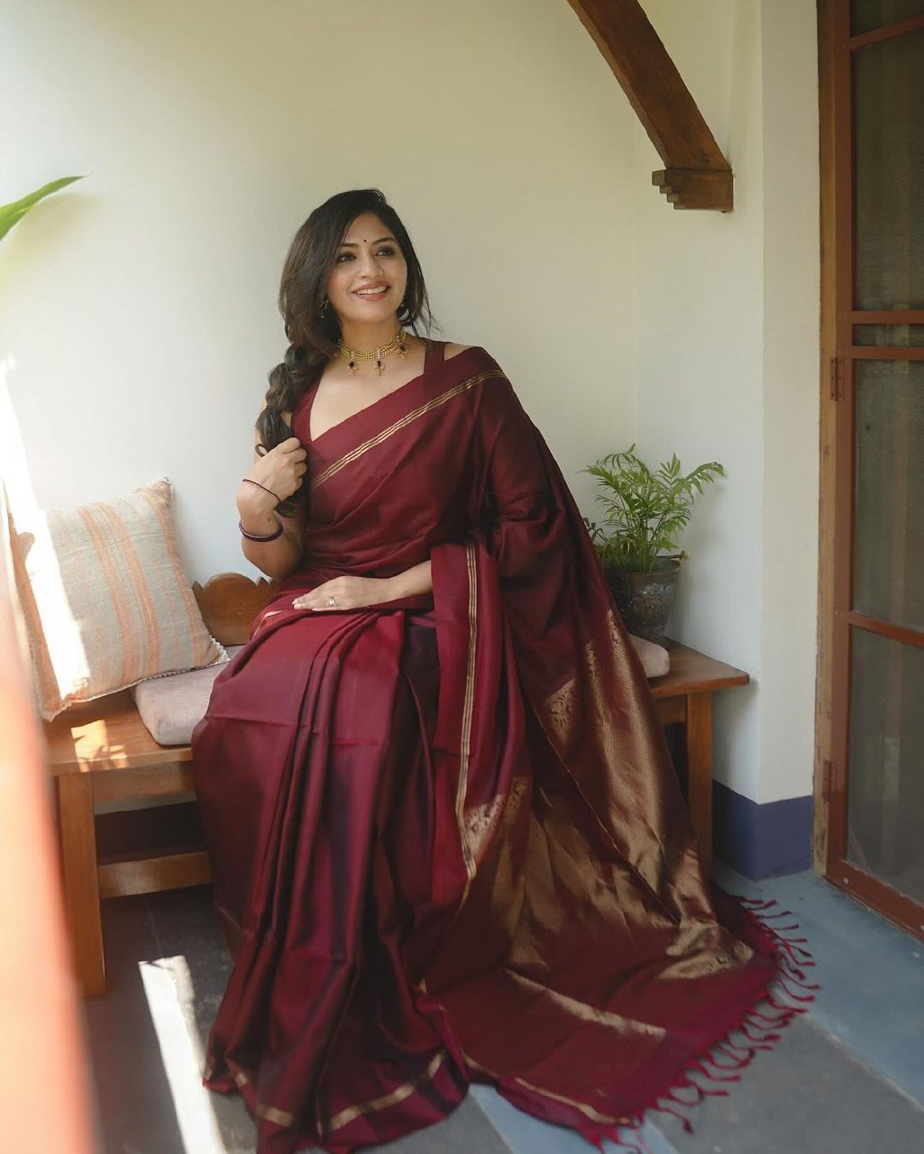 Maroon Banarasi silk Niva designer saree