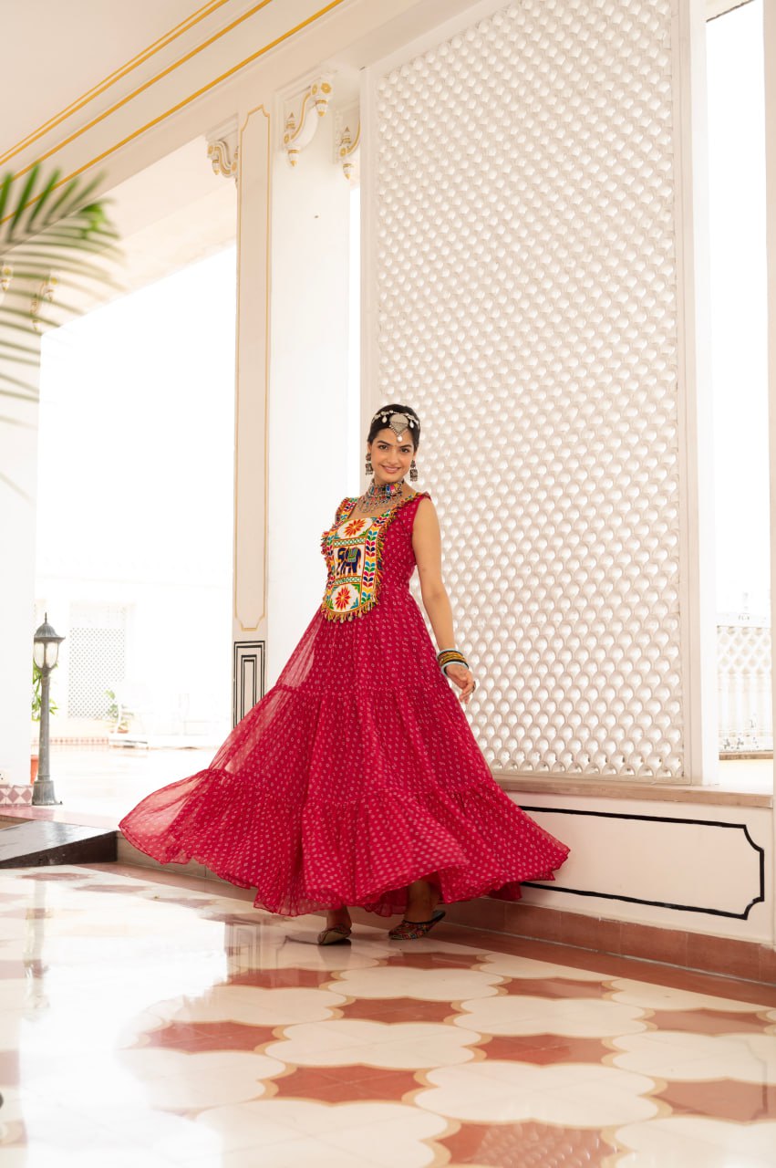 Pink faux georgette Bandhani print Kutchi patch mirror work gown
