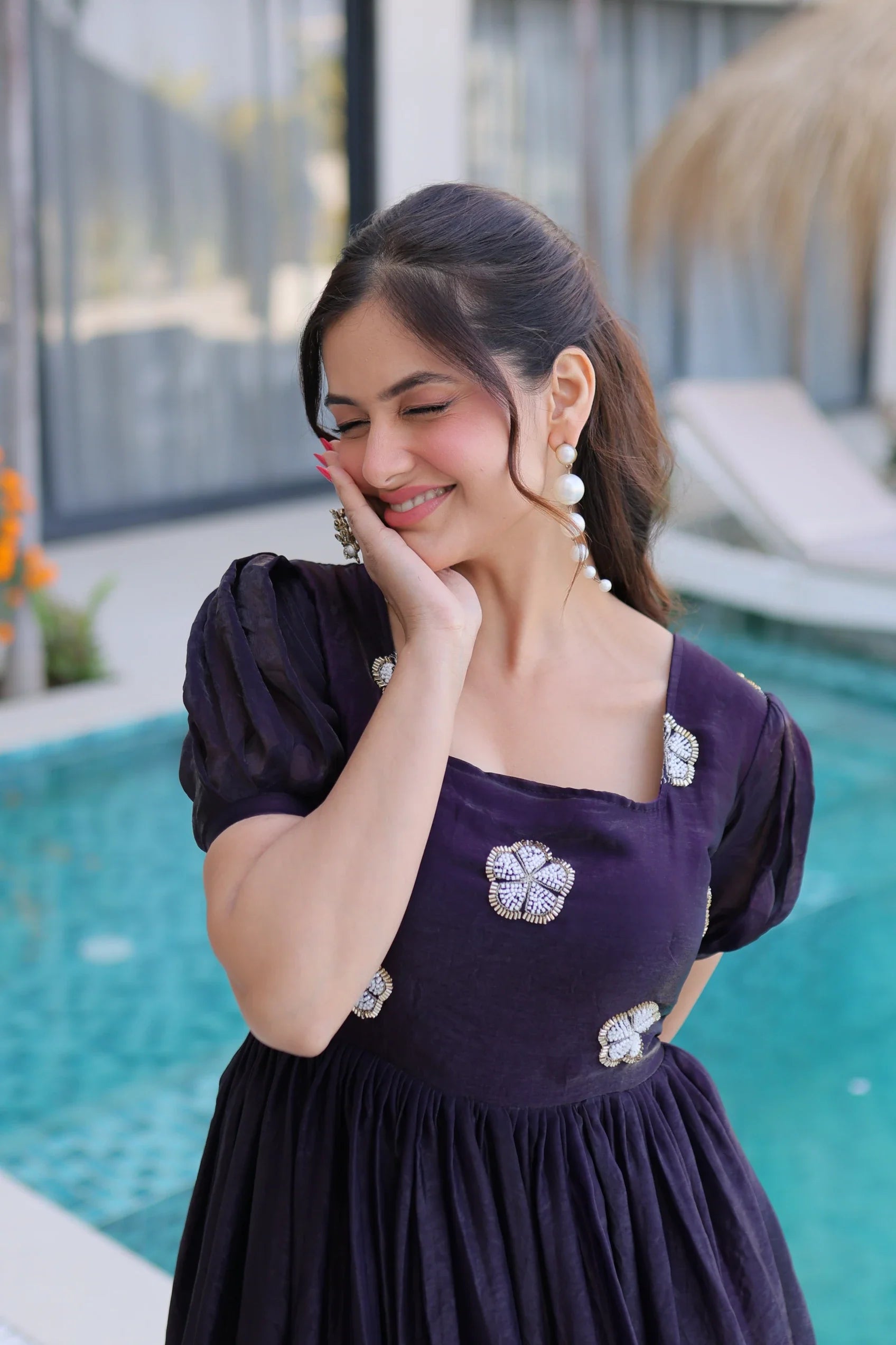 Sruvika purple Fendi silk gown with beads embroidered work