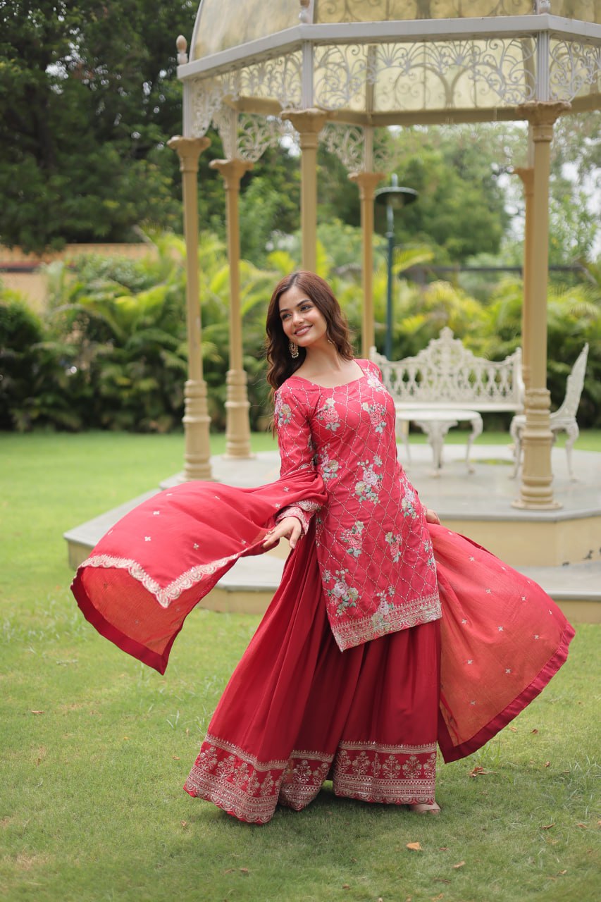 Medhasvi pink chinon embroidered kurti sharara set