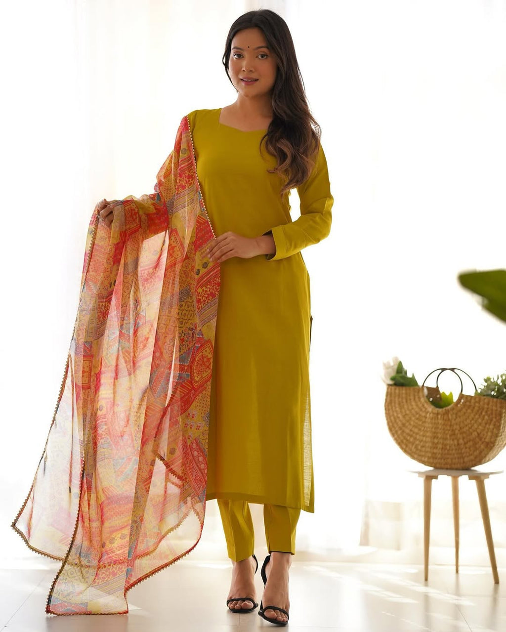 Vedanya yellow viscose straight kurti set