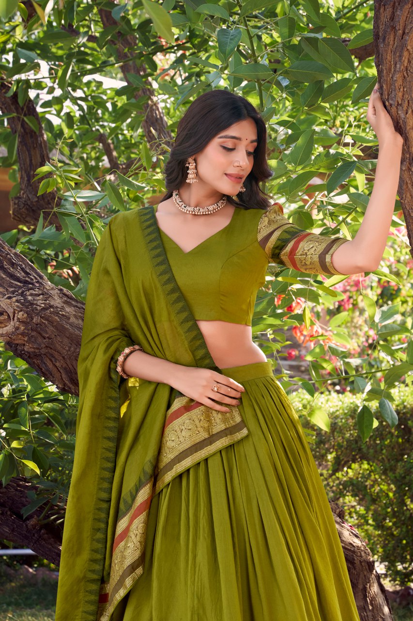 Green pure Chanderi lehenga choli with zari weaving work and dupatta