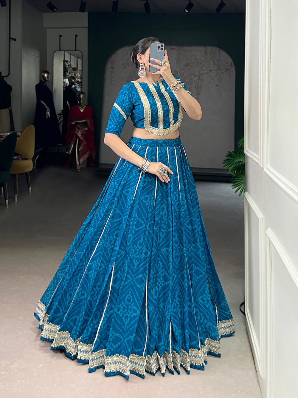 Blue chiffon lehenga choli with Bandhej print and Gota Patti lace