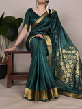 Green raw silk zari weaving saree with unstitched blouse