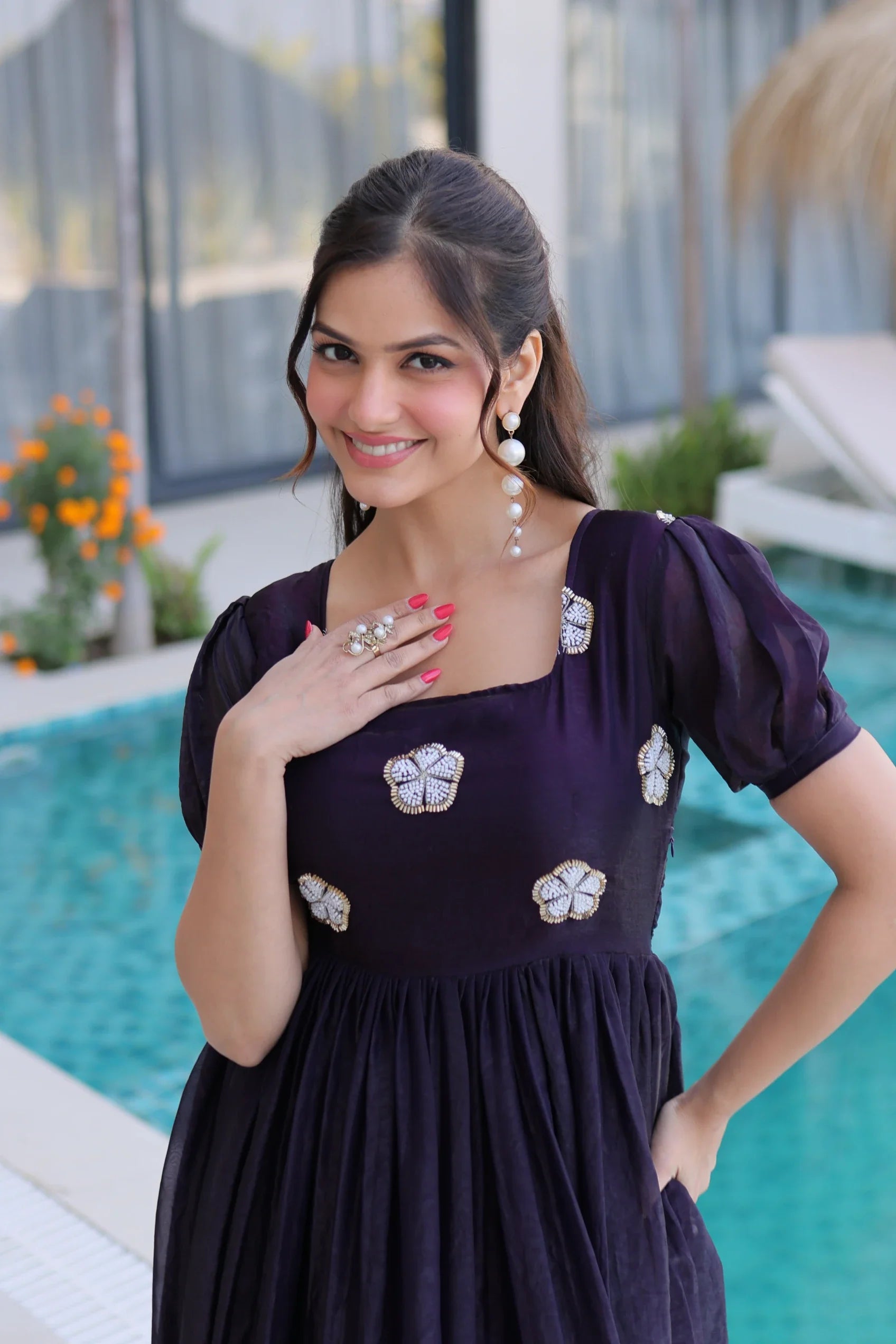 Sruvika purple Fendi silk gown with beads embroidered work