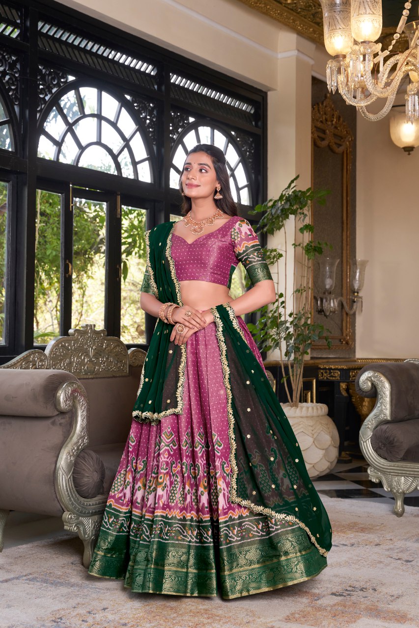Pink Kanchipuram silk printed lehenga choli with embroidered dupatta