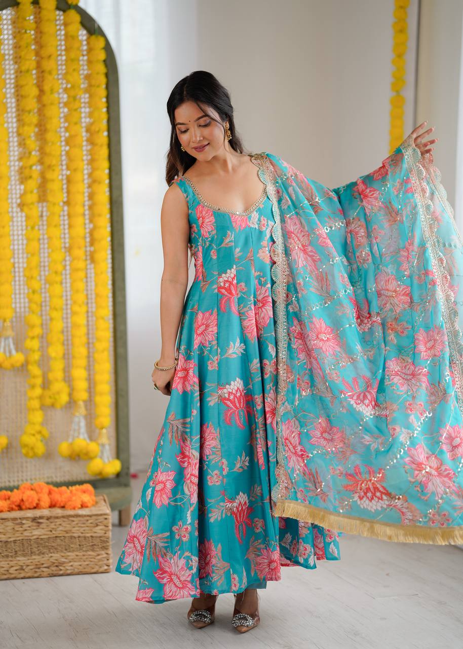 Multicolor chinon embellished kali lace work lehenga choli with dupatta