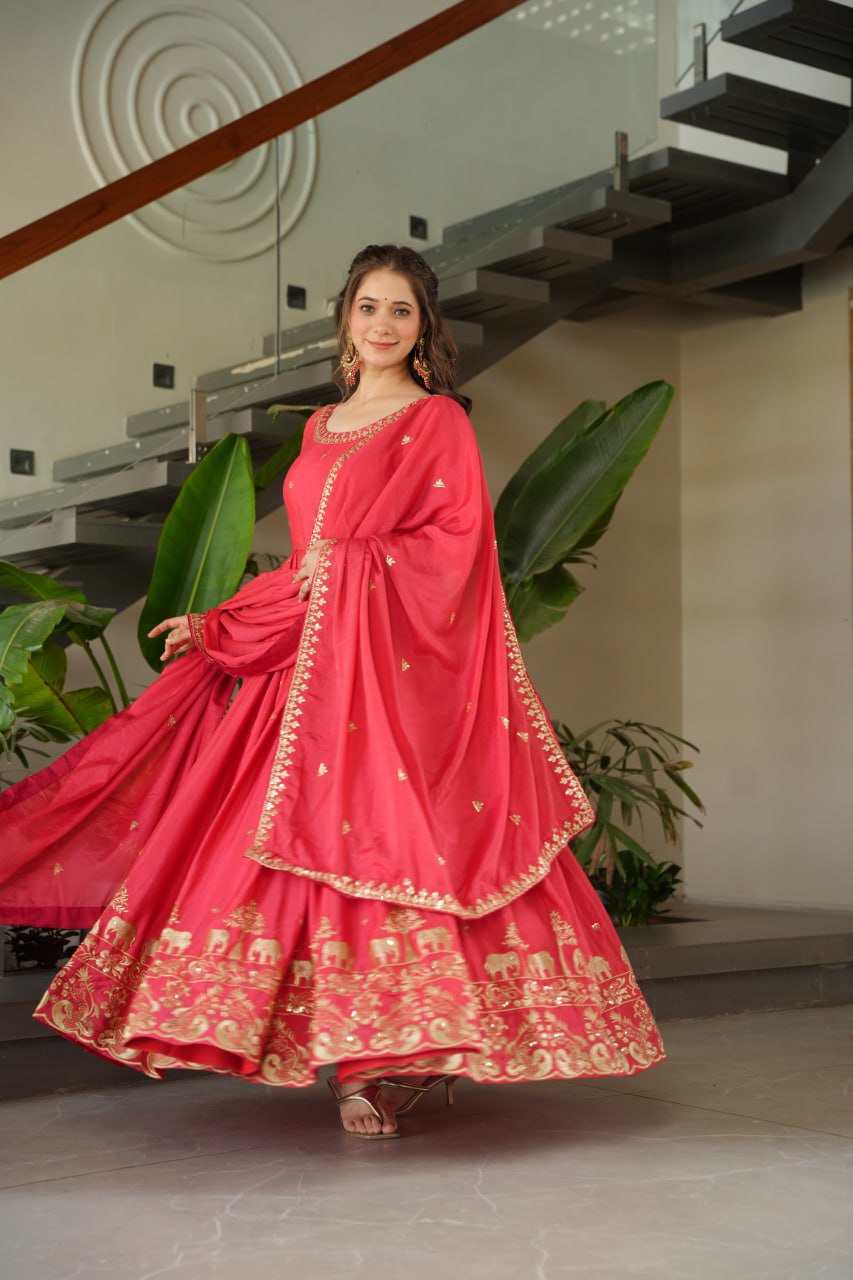 Harvisha rani pink chinon silk embroidered gown