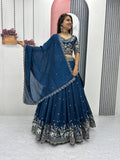 Gopi teal blue Vichitra silk lehenga choli with embroidery sequins thread work