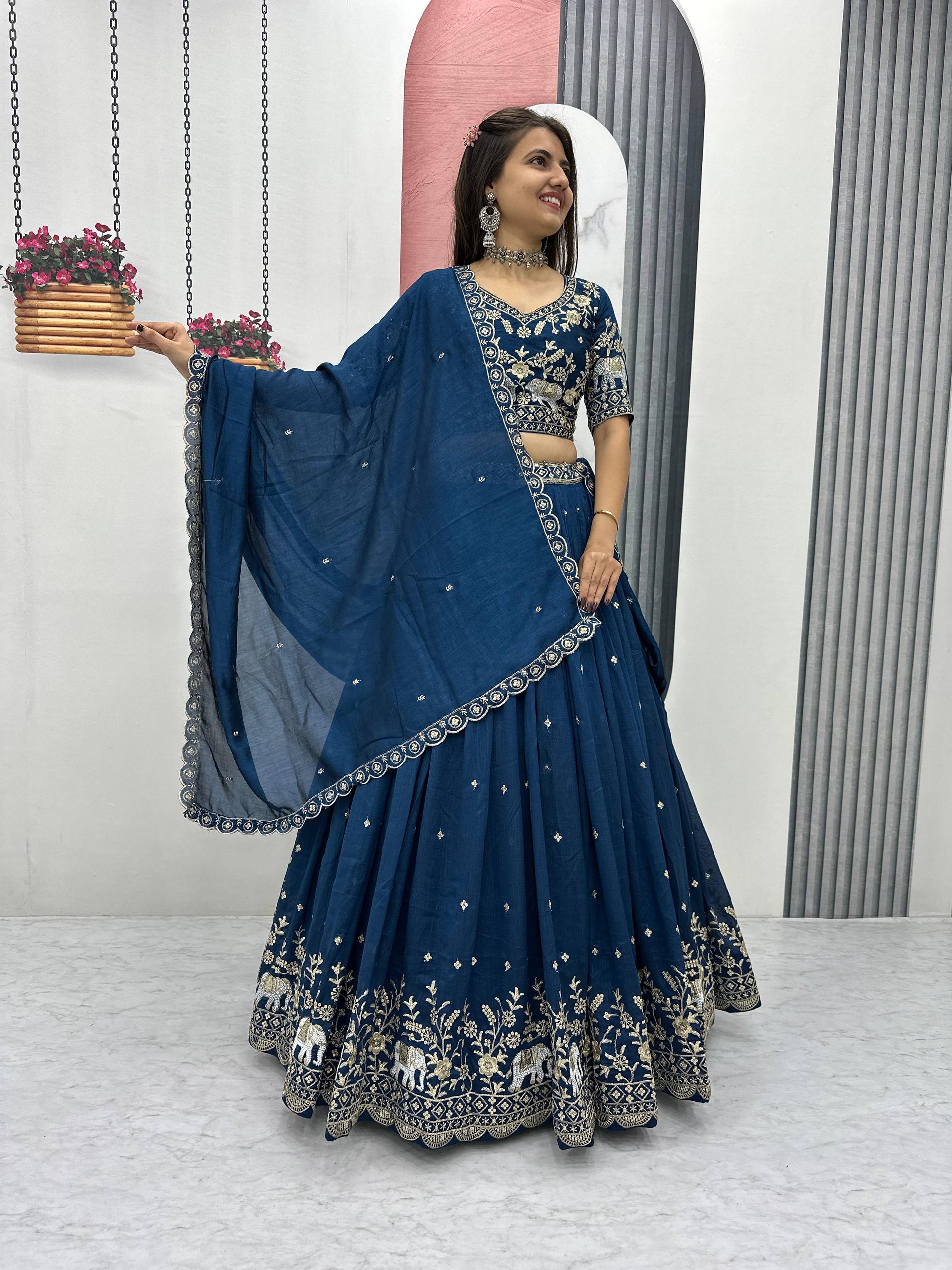 Gopi teal blue Vichitra silk lehenga choli with embroidery sequins thread work