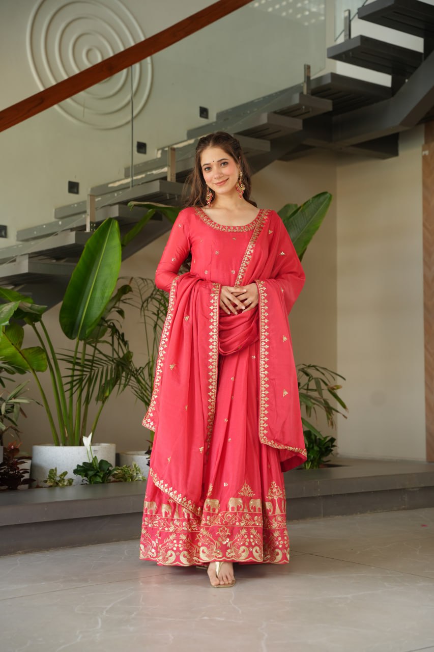 Harvisha rani pink chinon silk embroidered gown