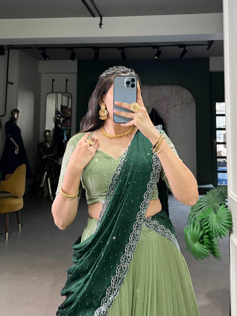 Pista green glossy lehenga choli with silver embroidery and hotfix work
