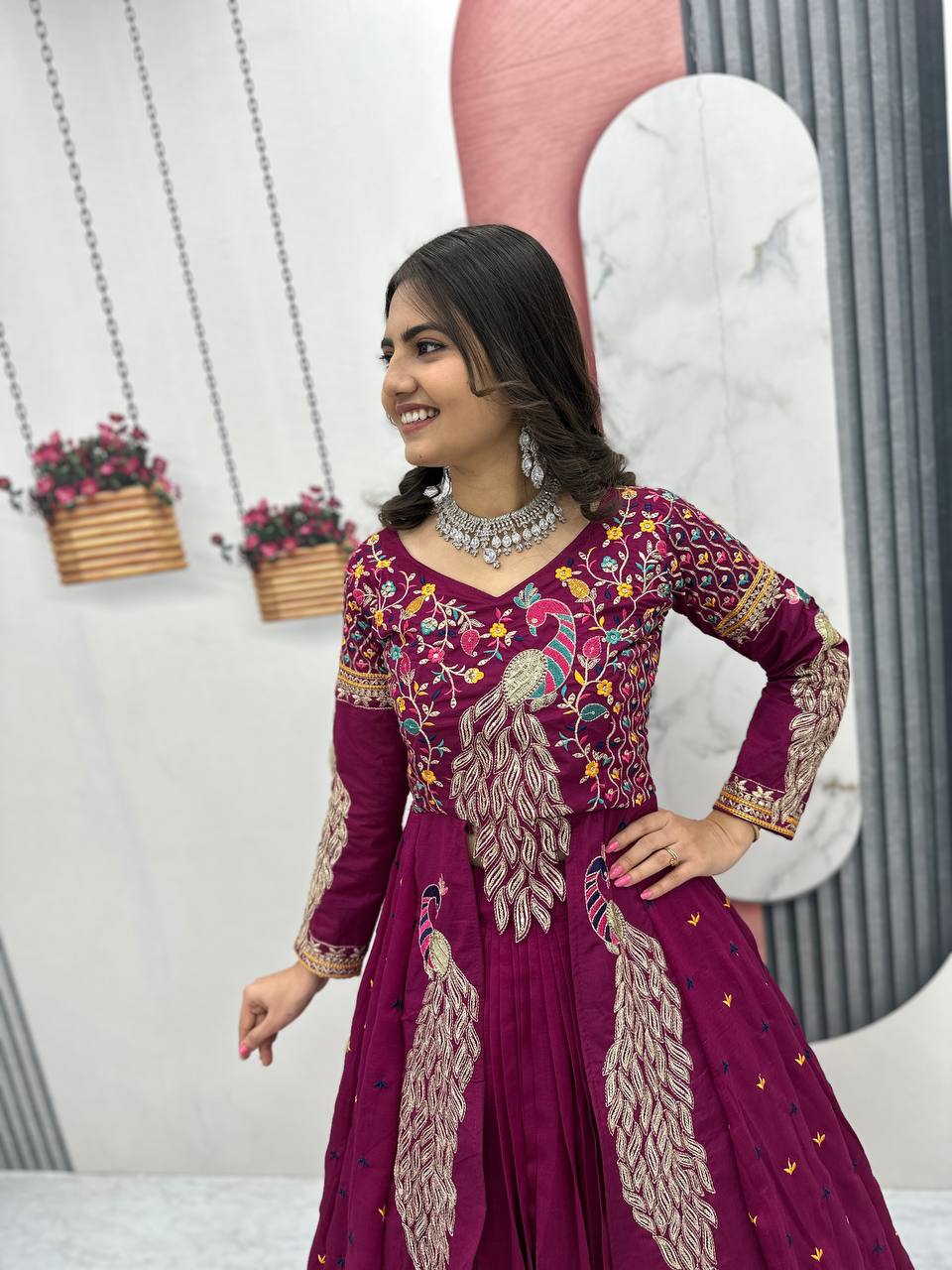 Mani magneta Vichitra silk crop top peacock design lehenga with embroidered shrug