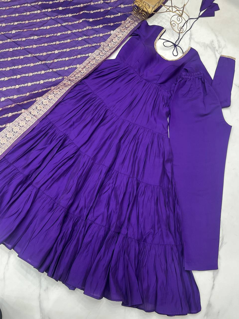 Purple Roman silk Ashika flared designer Anarkali suit