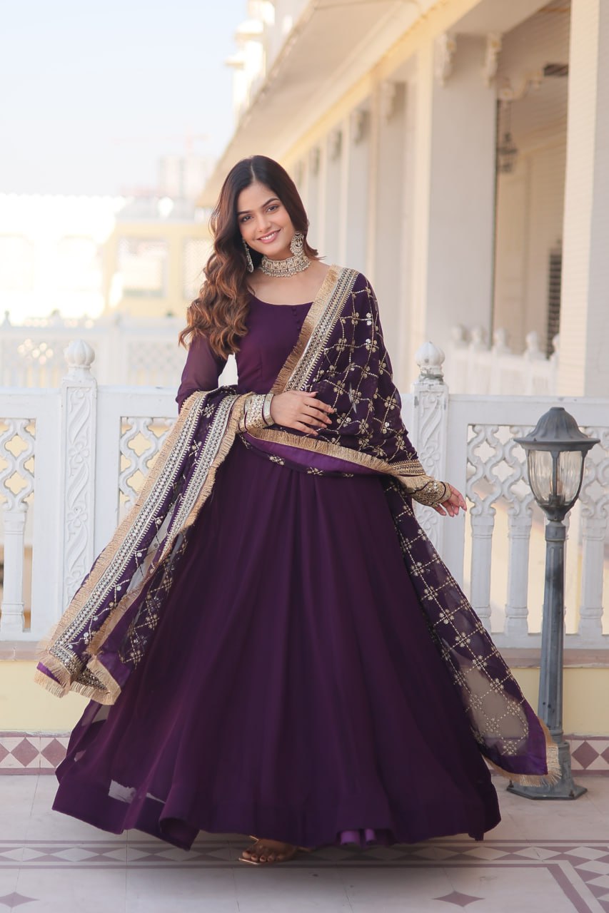 Lavish Purple Sequins Embroidered Anarkali Flared Kurti Set
