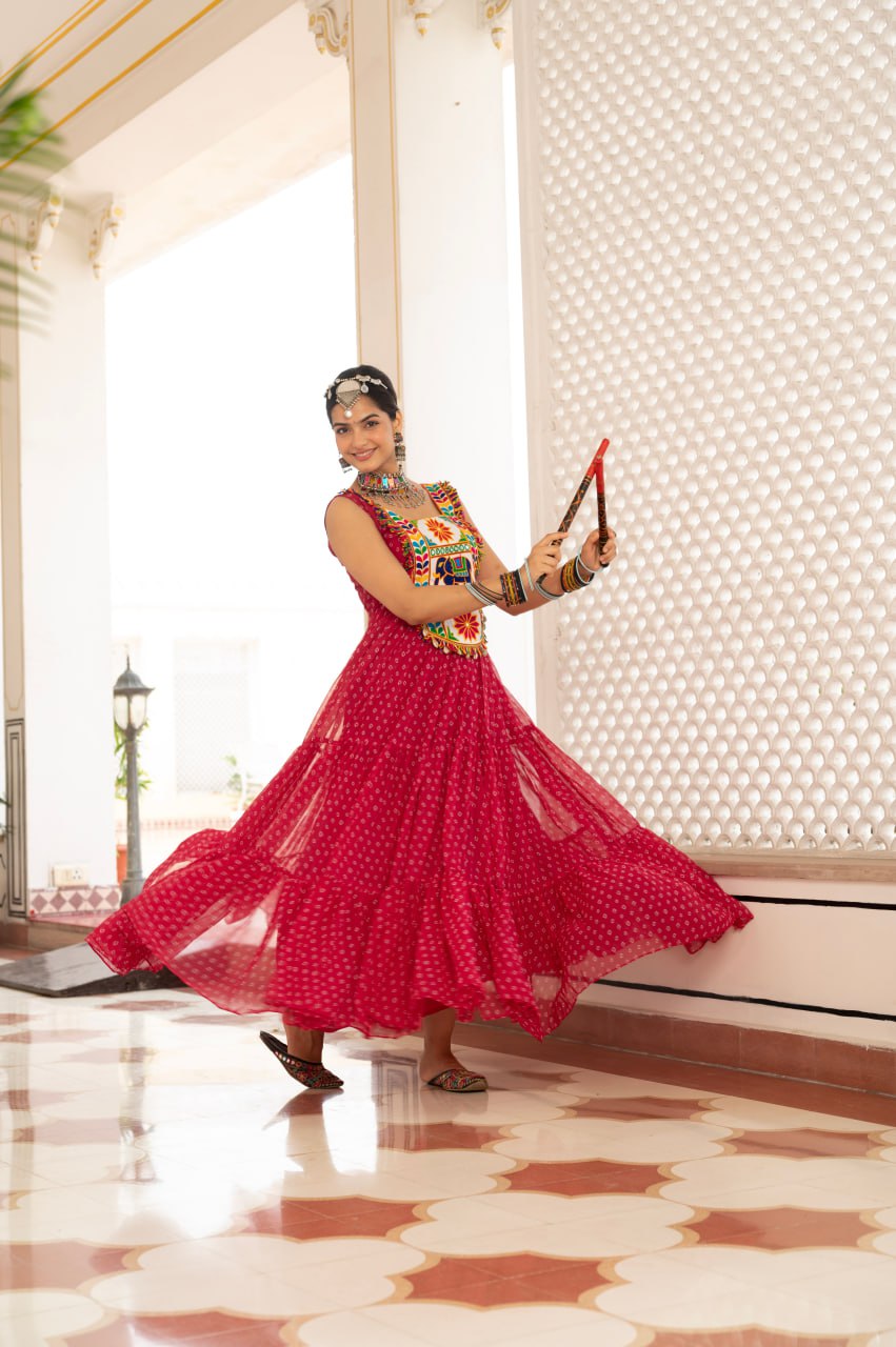 Pink faux georgette Bandhani print Kutchi patch mirror work gown