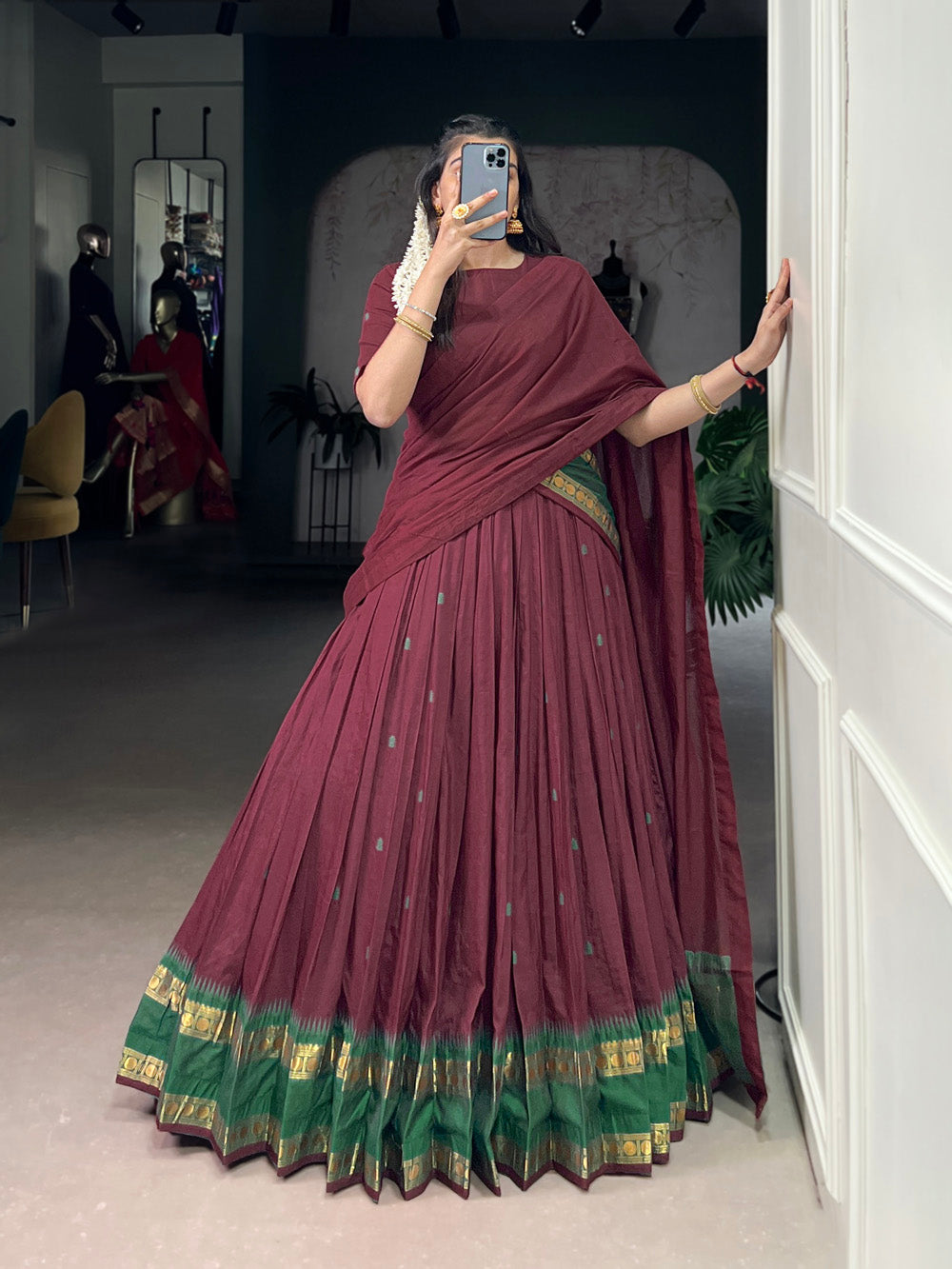 Maroon traditional Chanderi half-saree lehenga with zari work